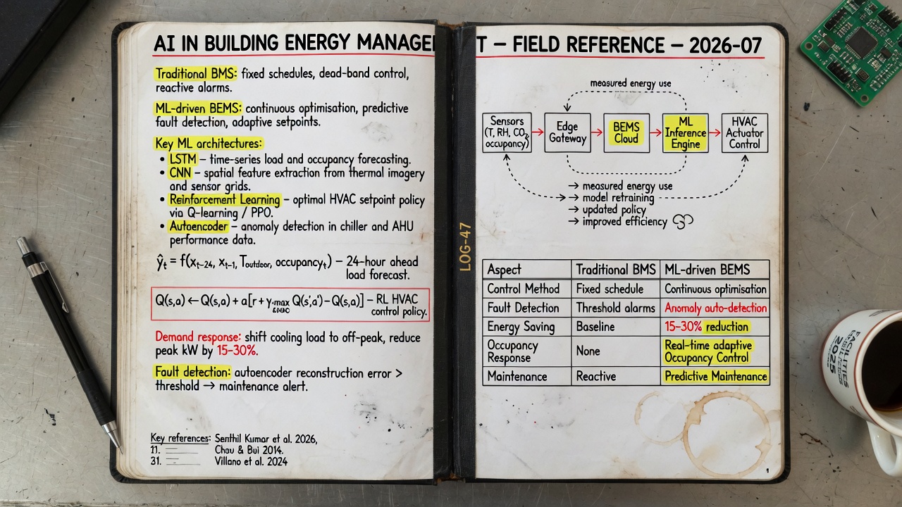 Engineering logbook spread: AI in Building Energy Management field reference with block diagrams and ML architecture notes