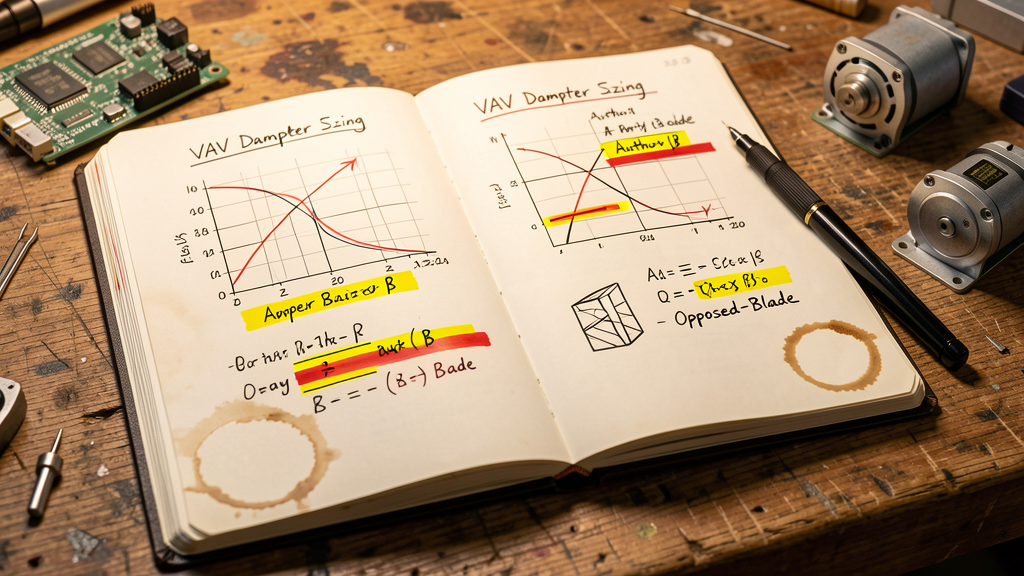 Engineer's notebook with hand-drawn VAV damper sizing chart, airflow curves, and damper blade diagrams