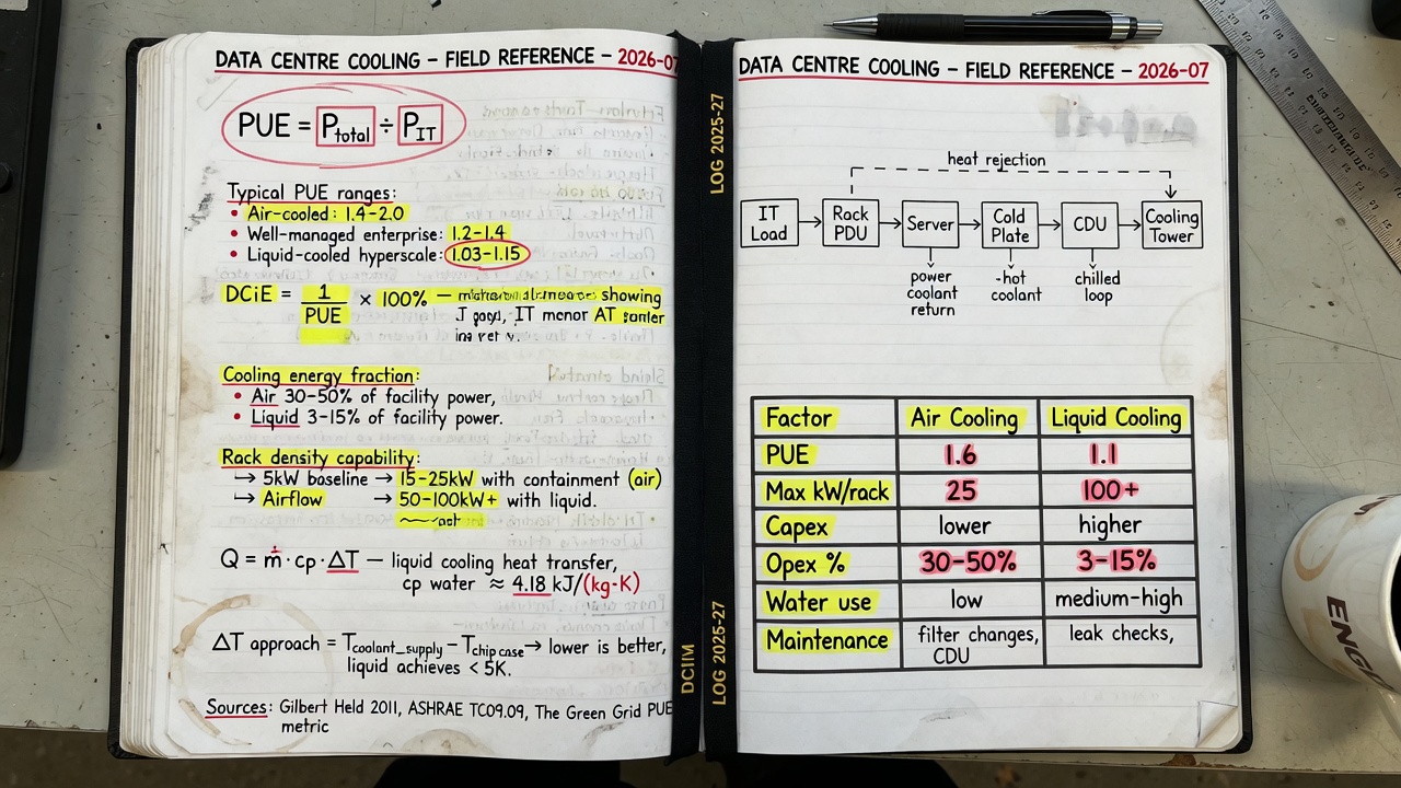 Engineering logbook spread: Data Centre Cooling field reference with PUE formula, block diagrams, and comparison tables