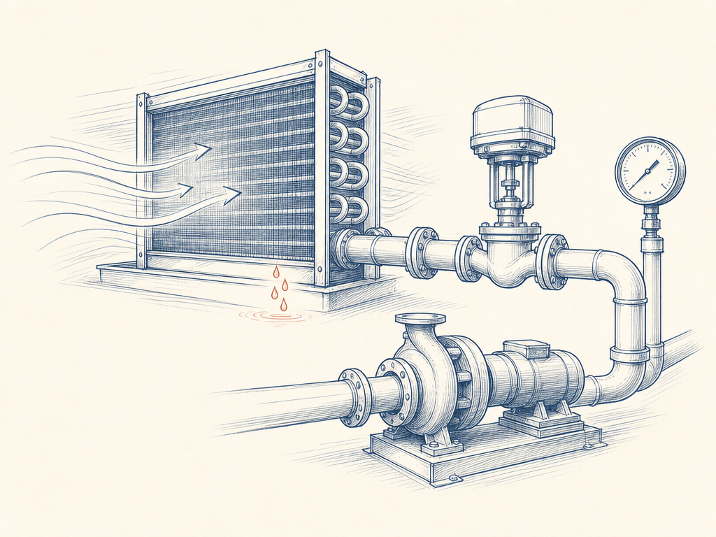 Single-ink technical illustration of a chilled-water plant: cooling coil, modulating control valve with actuator, circulation pump and pressure gauge