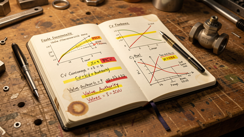 Engineer's notebook with hand-drawn valve characteristic curves, Cv calculation formula, and pump curve diagrams